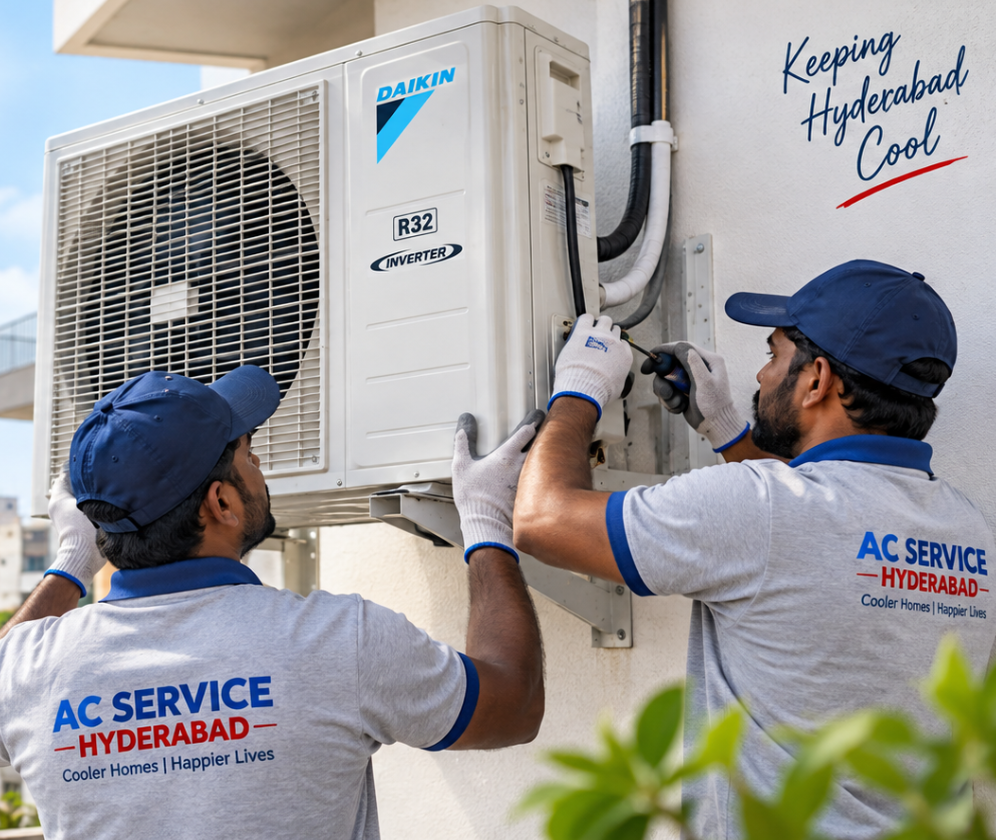 AC Service Hyderabad technicians servicing an outdoor air conditioner